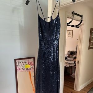 dark blue sequin prom dress, worn once, corset back, high slit